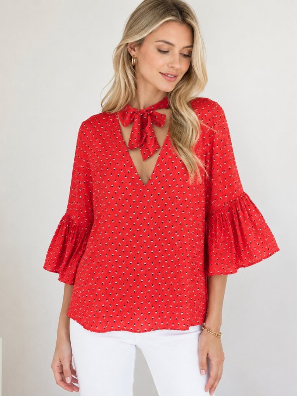 Zara Woman Red Geometric Print Tie Neck Blouse Short Sleeve Tunic Top Summer XXL